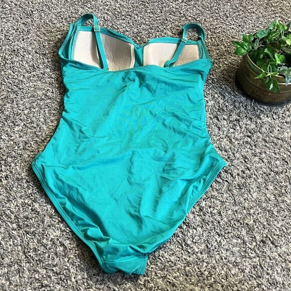 La Blanca Sz 8 One piece Swimsuit Ruched Front Sweetheart Neck Bra Green Emerald - Picture 3 of 5